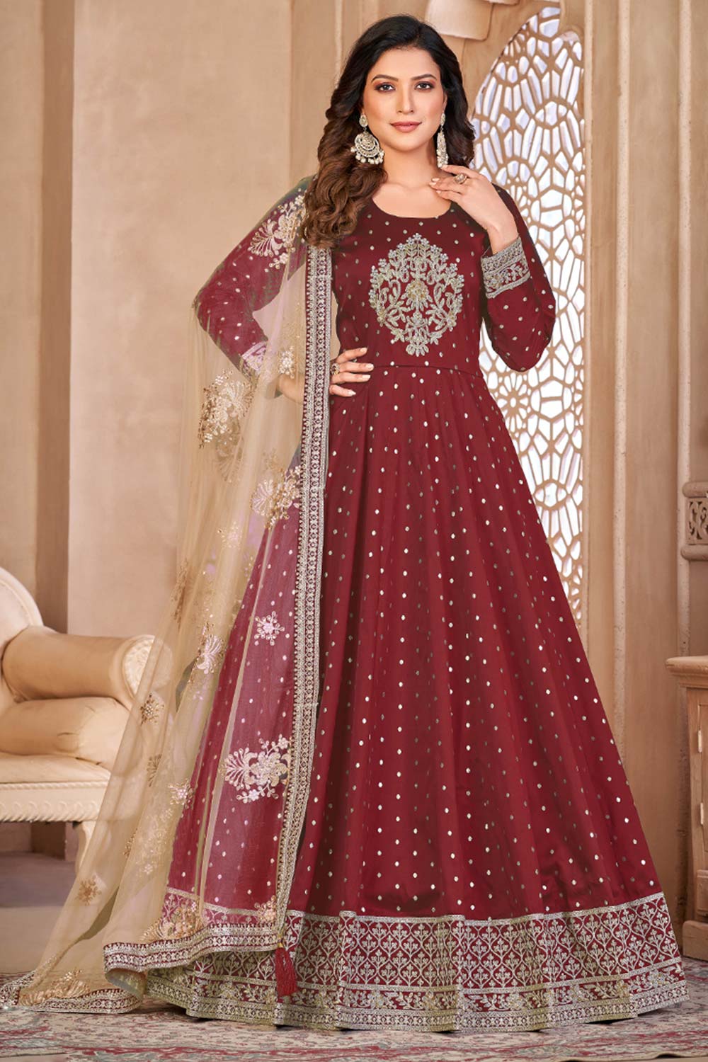 Maroon Silk Resham_Embroidery Full Sleeve Round Neck Anarkali Salwar Kameez