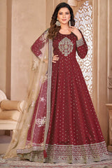 Maroon Silk Resham_Embroidery Full Sleeve Round Neck Anarkali Salwar Kameez