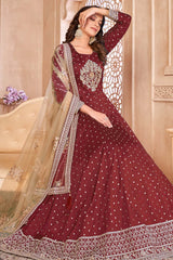 Maroon Silk Resham_Embroidery Full Sleeve Round Neck Anarkali Salwar Kameez