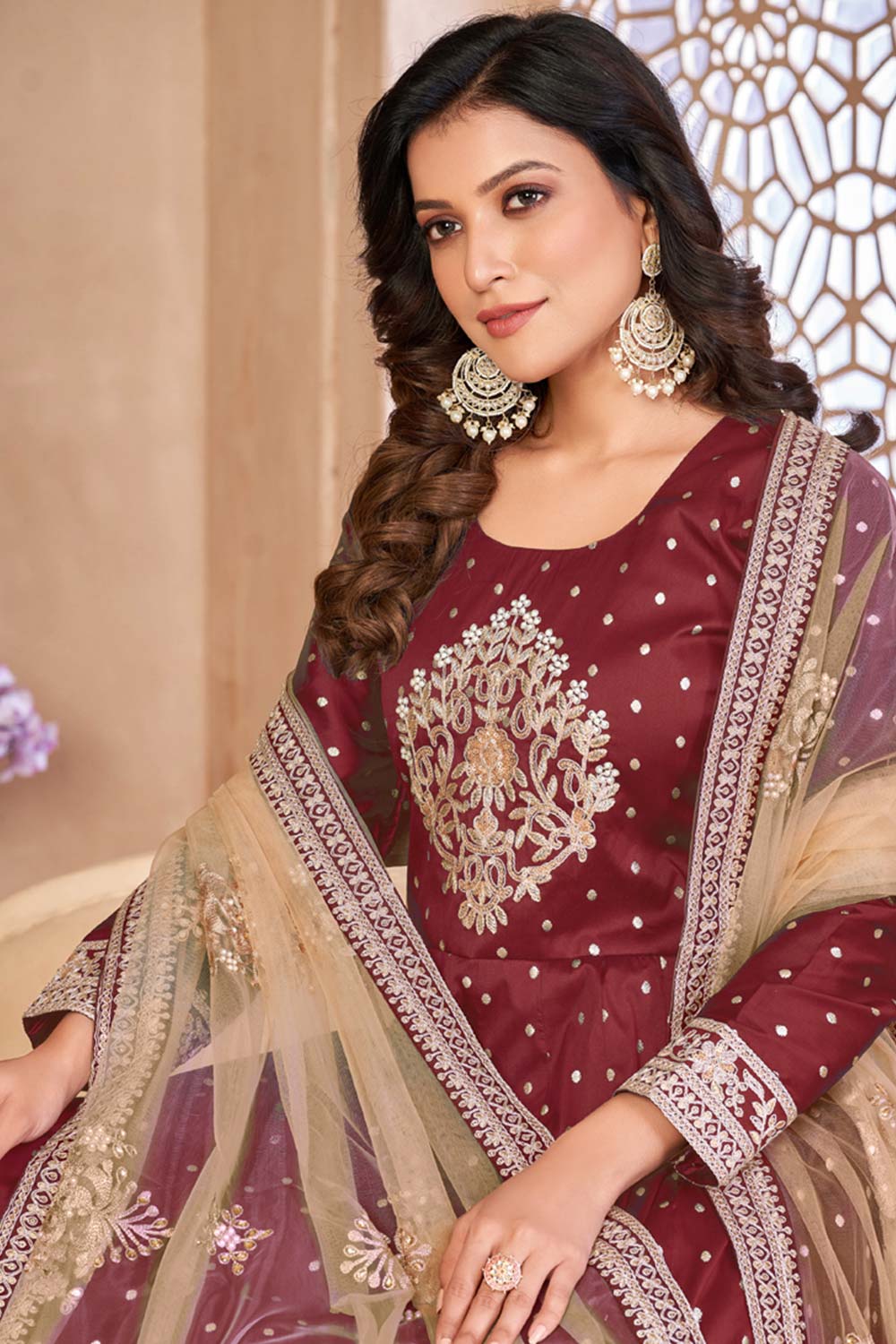 Maroon Silk Resham_Embroidery Full Sleeve Round Neck Anarkali Salwar Kameez