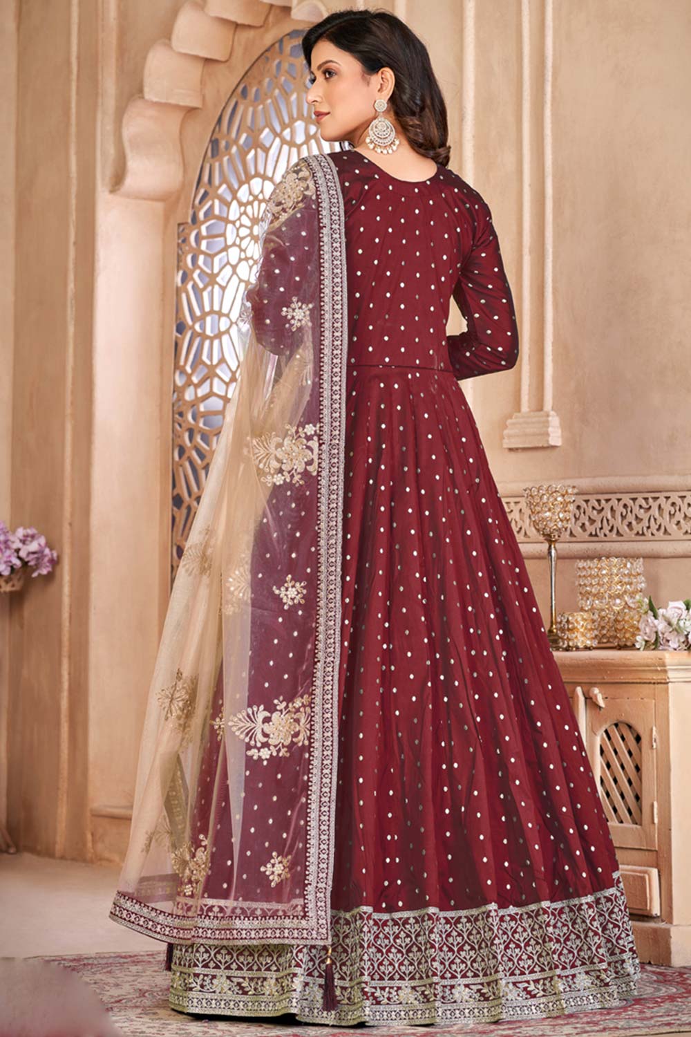 Maroon Silk Resham_Embroidery Full Sleeve Round Neck Anarkali Salwar Kameez