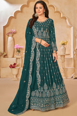 Teal Georgette Resham_Embroidery Full Sleeve Round Neck Anarkali Salwar Kameez