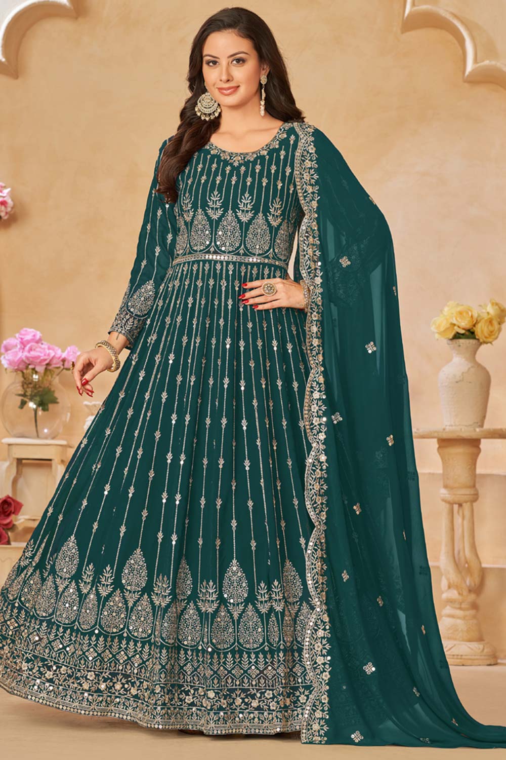 Teal Georgette Resham_Embroidery Full Sleeve Round Neck Anarkali Salwar Kameez