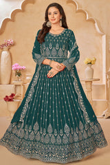 Teal Georgette Resham_Embroidery Full Sleeve Round Neck Anarkali Salwar Kameez