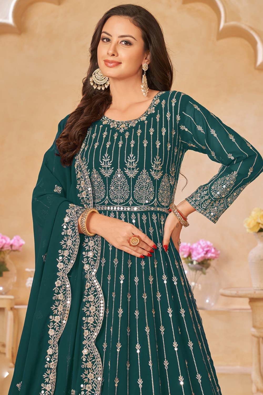 Teal Georgette Resham_Embroidery Full Sleeve Round Neck Anarkali Salwar Kameez