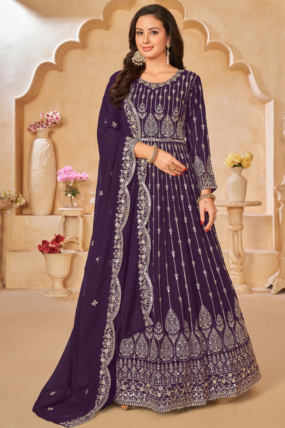 Wine Georgette Resham_Embroidery Full Sleeve Round Neck Anarkali Salwar Kameez