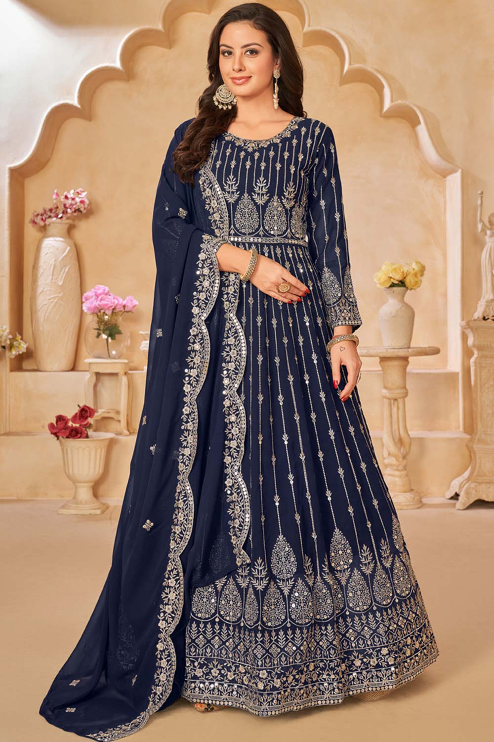 Navy-Blue Georgette Resham_Embroidery Full Sleeve Round Neck Anarkali Salwar Kameez