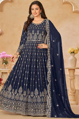 Navy-Blue Georgette Resham_Embroidery Full Sleeve Round Neck Anarkali Salwar Kameez