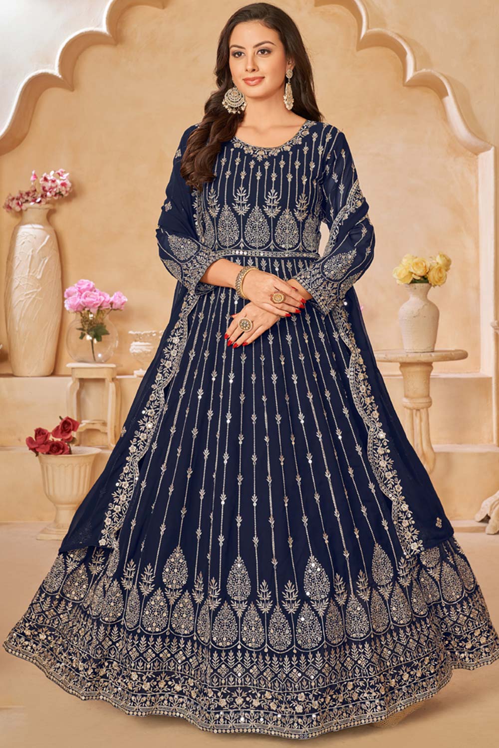 Navy-Blue Georgette Resham_Embroidery Full Sleeve Round Neck Anarkali Salwar Kameez