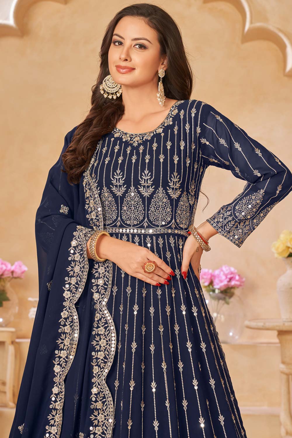 Navy-Blue Georgette Resham_Embroidery Full Sleeve Round Neck Anarkali Salwar Kameez