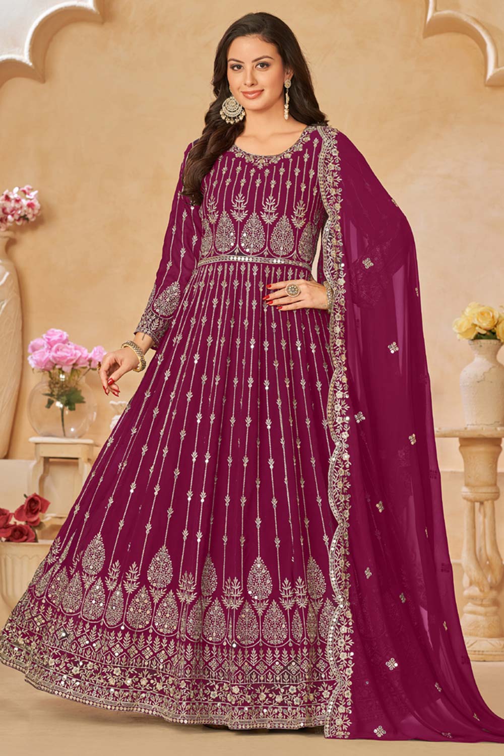 Purple Georgette Resham_Embroidery Full Sleeve Round Neck Anarkali Salwar Kameez