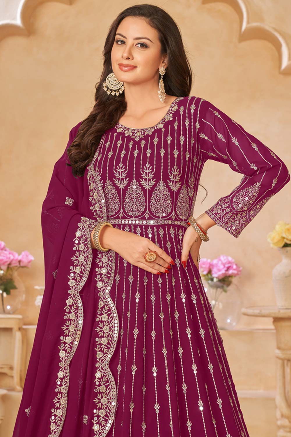 Purple Georgette Resham_Embroidery Full Sleeve Round Neck Anarkali Salwar Kameez