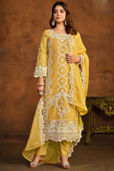 Yellow Organza Resham_Embroidery Full Sleeve Round Neck Salwar Kameez