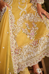 Yellow Organza Resham_Embroidery Full Sleeve Round Neck Salwar Kameez