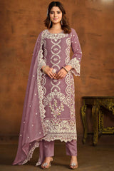 Onion-Pink Organza Resham_Embroidery Full Sleeve Round Neck Salwar Kameez