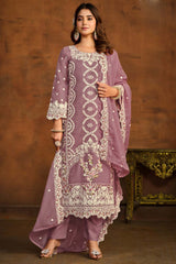 Onion-Pink Organza Resham_Embroidery Full Sleeve Round Neck Salwar Kameez