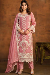 Peach Organza Resham_Embroidery Full Sleeve Round Neck Salwar Kameez