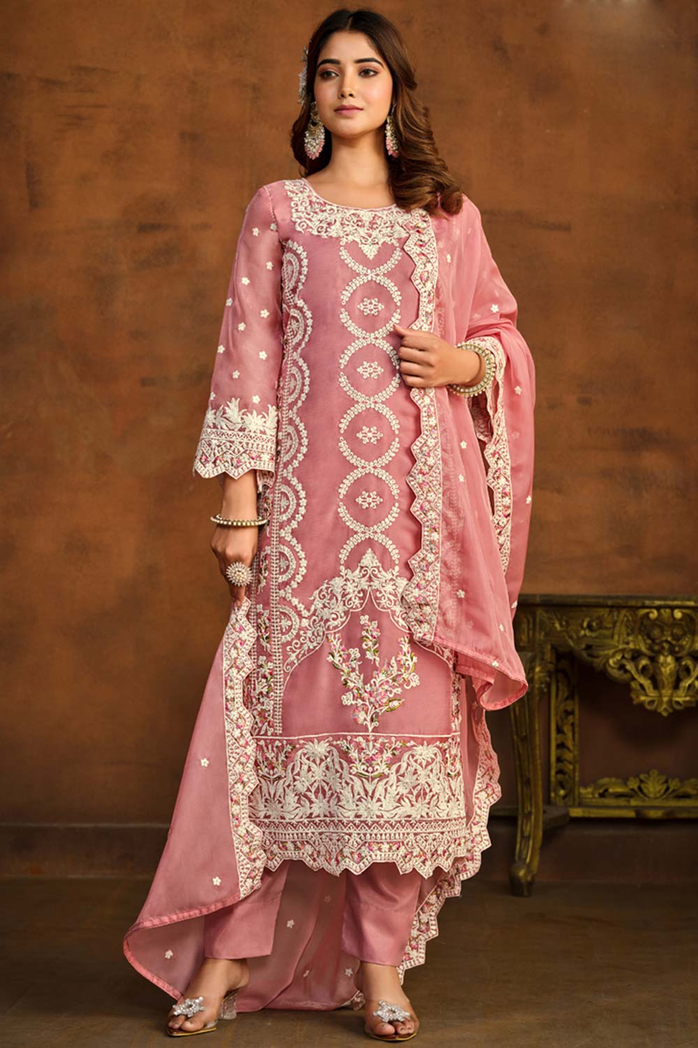 Peach Organza Resham_Embroidery Full Sleeve Round Neck Salwar Kameez