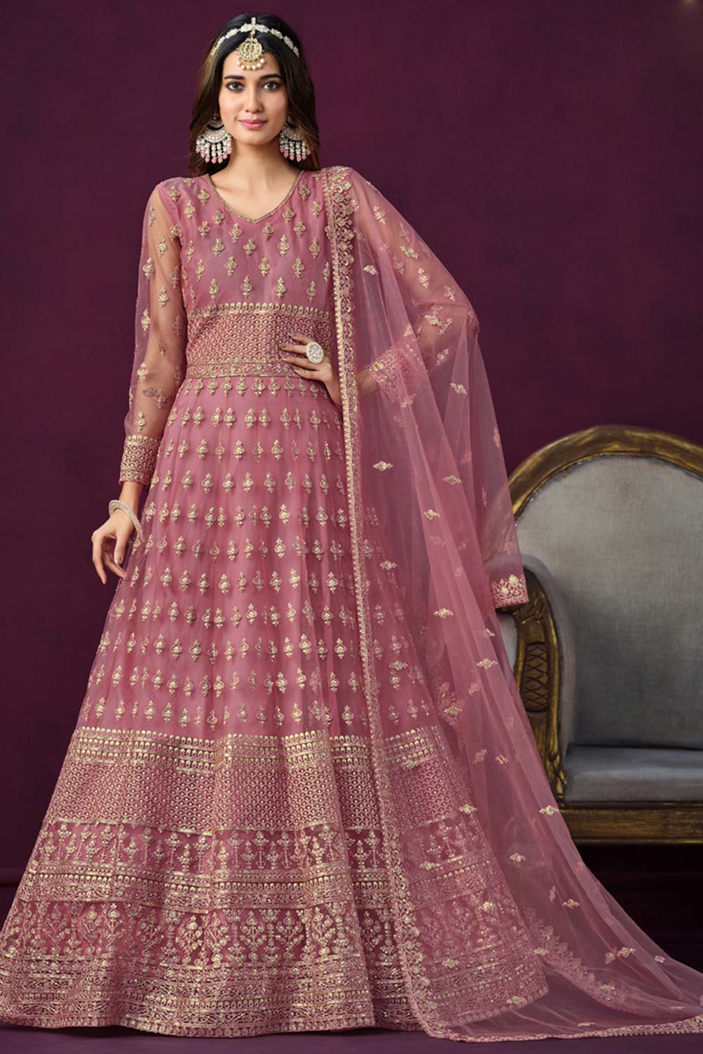 Pink Net Resham_Embroidery Full Sleeve V Neck Anarkali Salwar Kameez