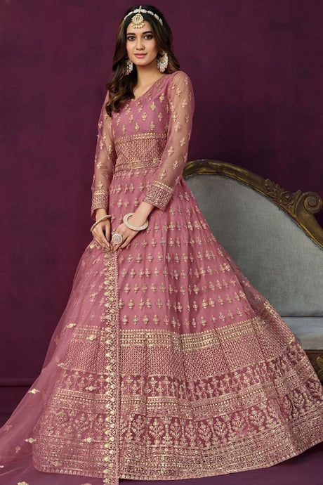 Pink Net Resham_Embroidery Full Sleeve V Neck Anarkali Salwar Kameez