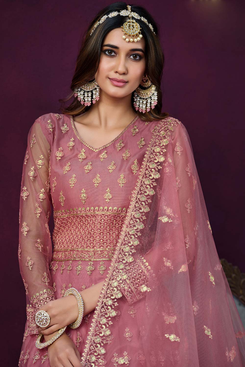 Pink Net Resham_Embroidery Full Sleeve V Neck Anarkali Salwar Kameez