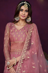 Pink Net Resham_Embroidery Full Sleeve V Neck Anarkali Salwar Kameez