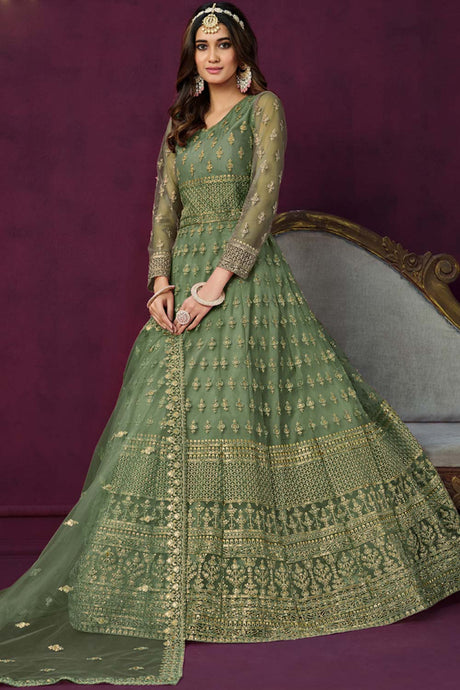 Mehendi Net Resham_Embroidery Full Sleeve V Neck Anarkali Salwar Kameez