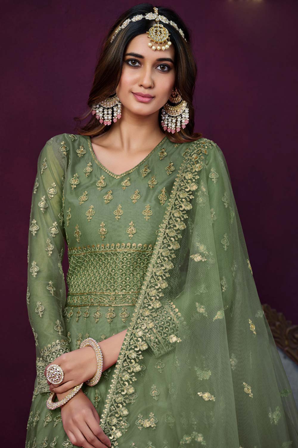 Mehendi Net Resham_Embroidery Full Sleeve V Neck Anarkali Salwar Kameez