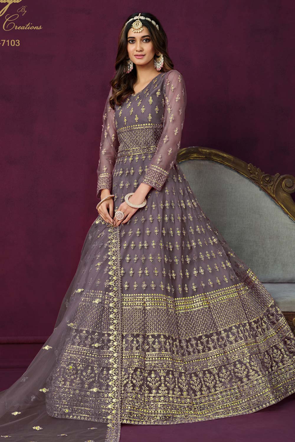 Grey Net Resham_Embroidery Full Sleeve V Neck Anarkali Salwar Kameez