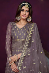 Grey Net Resham_Embroidery Full Sleeve V Neck Anarkali Salwar Kameez