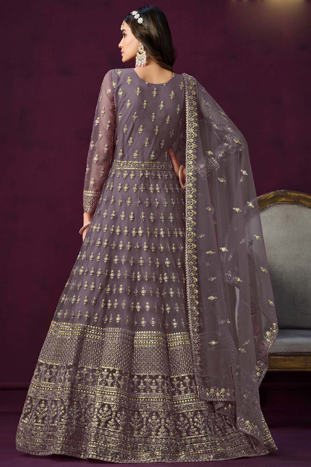 Grey Net Resham_Embroidery Full Sleeve V Neck Anarkali Salwar Kameez