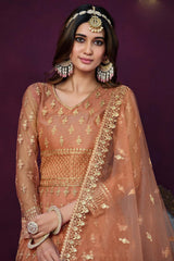 Orange Net Resham_Embroidery Full Sleeve V Neck Anarkali Salwar Kameez