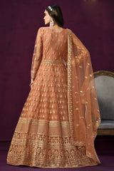 Orange Net Resham_Embroidery Full Sleeve V Neck Anarkali Salwar Kameez