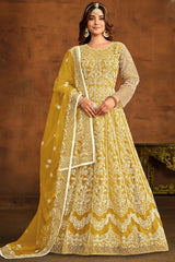 Yellow Net Resham_Embroidery Full Sleeve Round Neck Anarkali Salwar Kameez