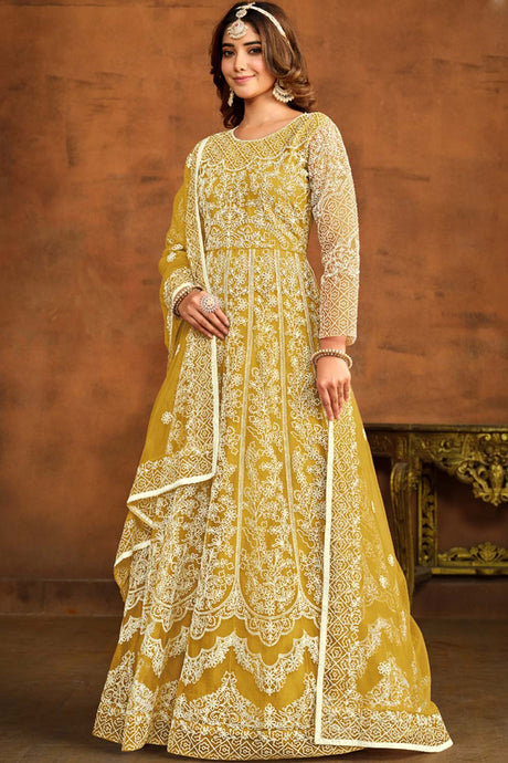 Yellow Net Resham_Embroidery Full Sleeve Round Neck Anarkali Salwar Kameez