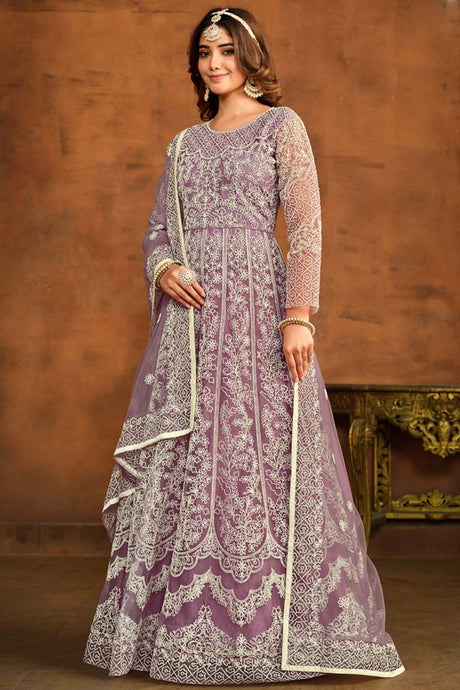 Onion-Pink Net Resham_Embroidery Full Sleeve Round Neck Anarkali Salwar Kameez