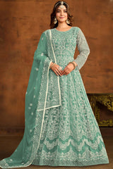 Green Net Resham_Embroidery Full Sleeve Round Neck Anarkali Salwar Kameez