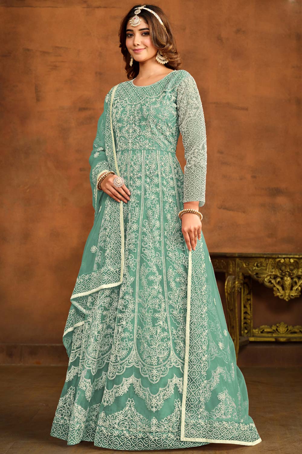 Green Net Resham_Embroidery Full Sleeve Round Neck Anarkali Salwar Kameez