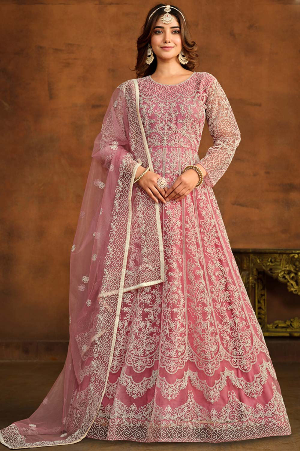 Pink Net Resham_Embroidery Full Sleeve Round Neck Anarkali Salwar Kameez