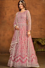 Pink Net Resham_Embroidery Full Sleeve Round Neck Anarkali Salwar Kameez