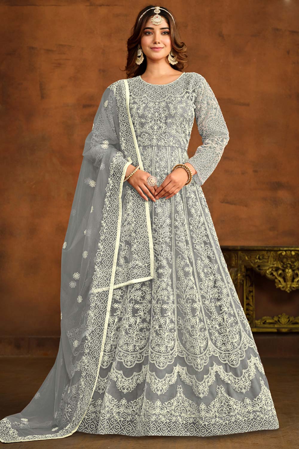 Grey Net Resham_Embroidery Full Sleeve Round Neck Anarkali Salwar Kameez