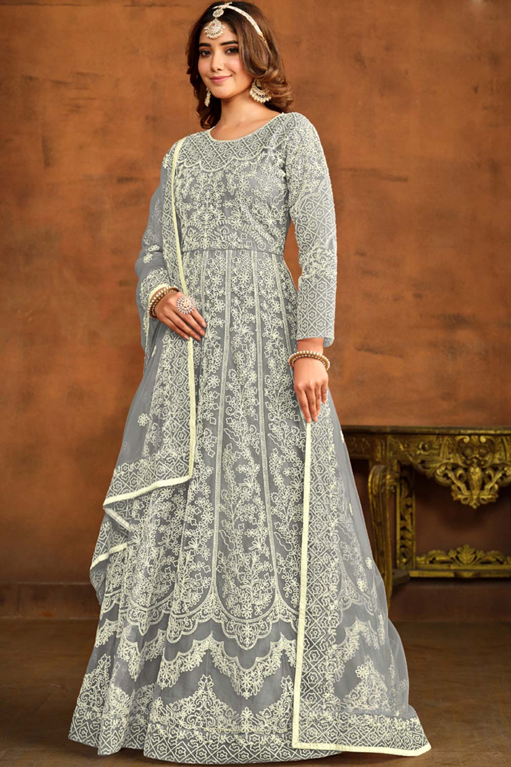 Grey Net Resham_Embroidery Full Sleeve Round Neck Anarkali Salwar Kameez