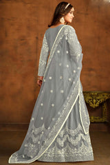 Grey Net Resham_Embroidery Full Sleeve Round Neck Anarkali Salwar Kameez