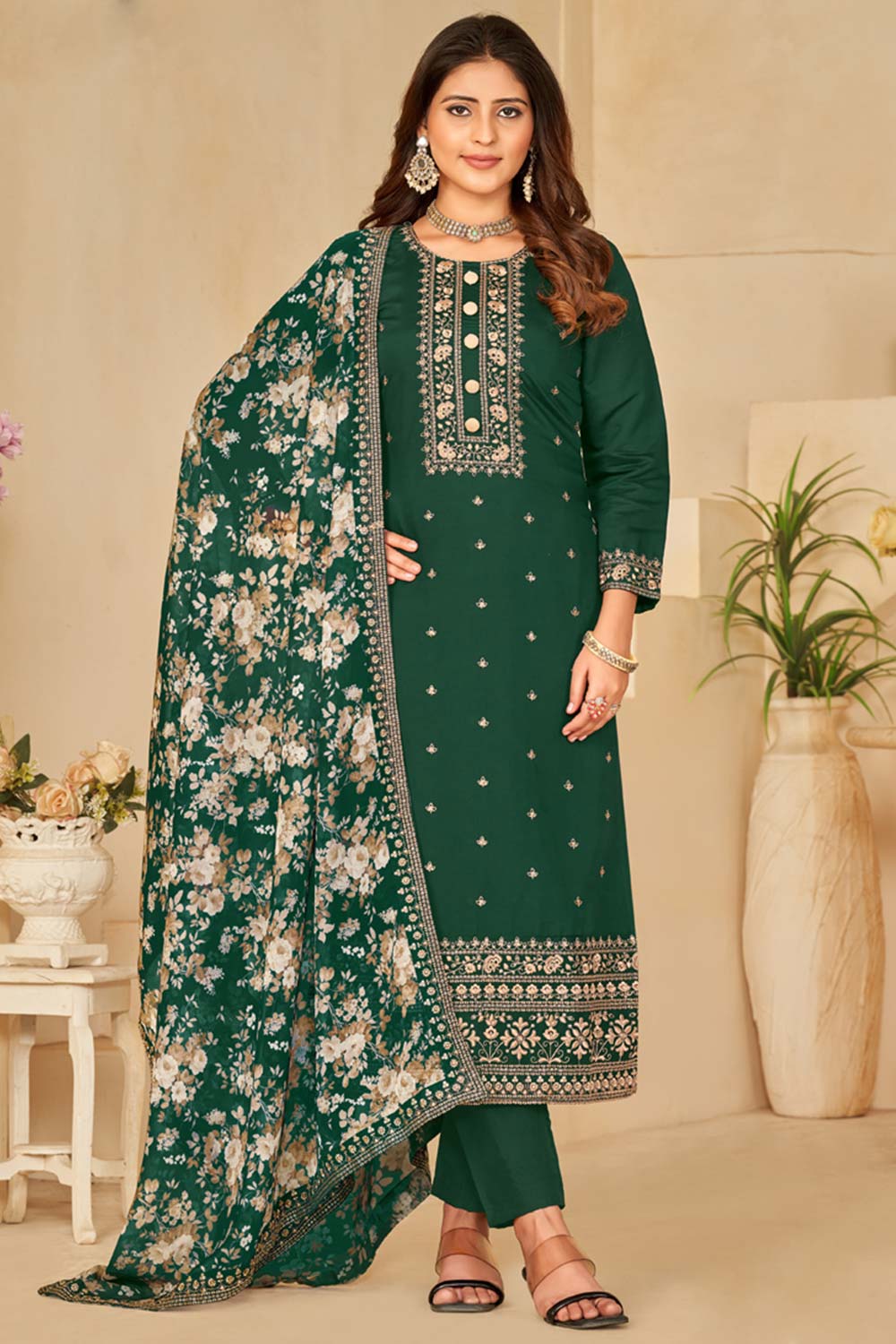 Green Silk Digital_Print Full Sleeve Round Neck Salwar Kameez