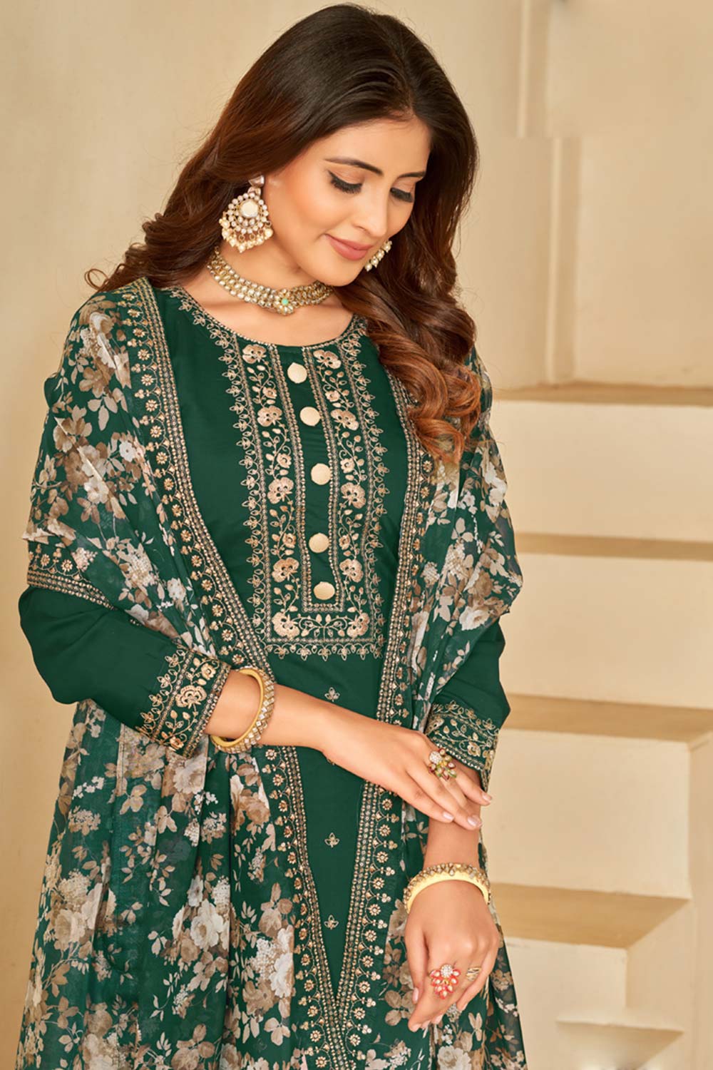 Green Silk Digital_Print Full Sleeve Round Neck Salwar Kameez