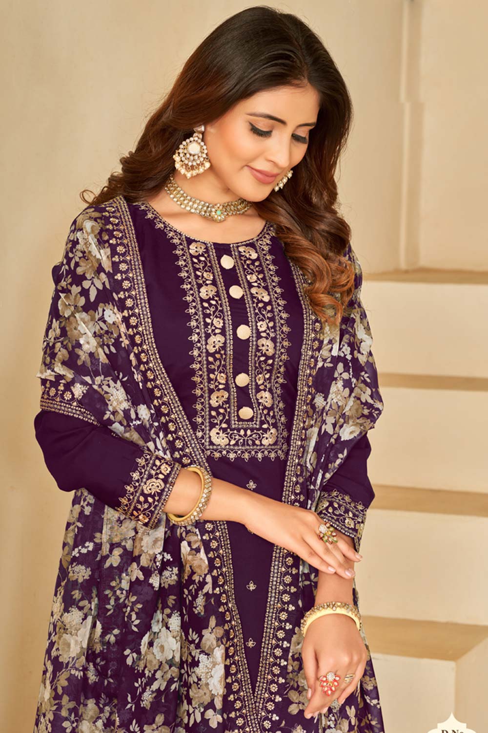 Wine Silk Digital_Print Full Sleeve Round Neck Salwar Kameez