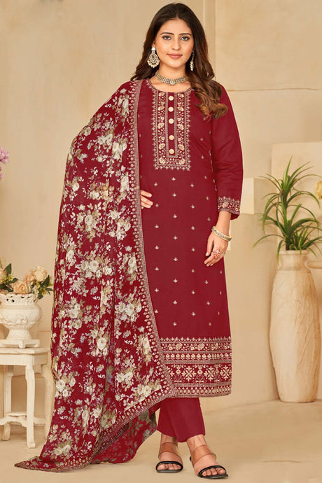 Red Silk Digital_Print Full Sleeve Round Neck Salwar Kameez