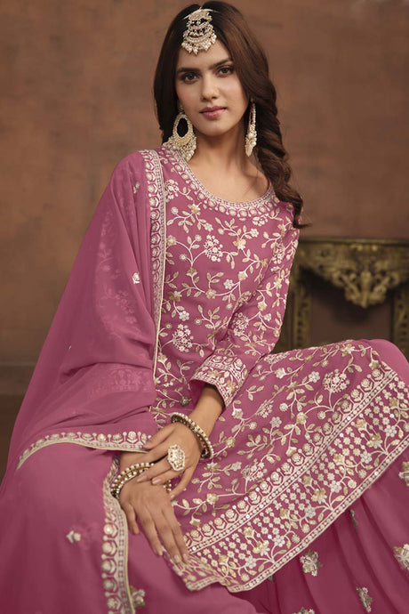 Pink Georgette Resham_Embroidery Full Sleeve Round Neck Pakistani Salwar Kameez