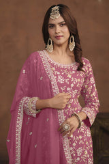 Pink Georgette Resham_Embroidery Full Sleeve Round Neck Pakistani Salwar Kameez