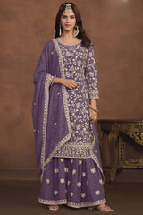 Lavender Georgette Resham_Embroidery Full Sleeve Round Neck Pakistani Salwar Kameez